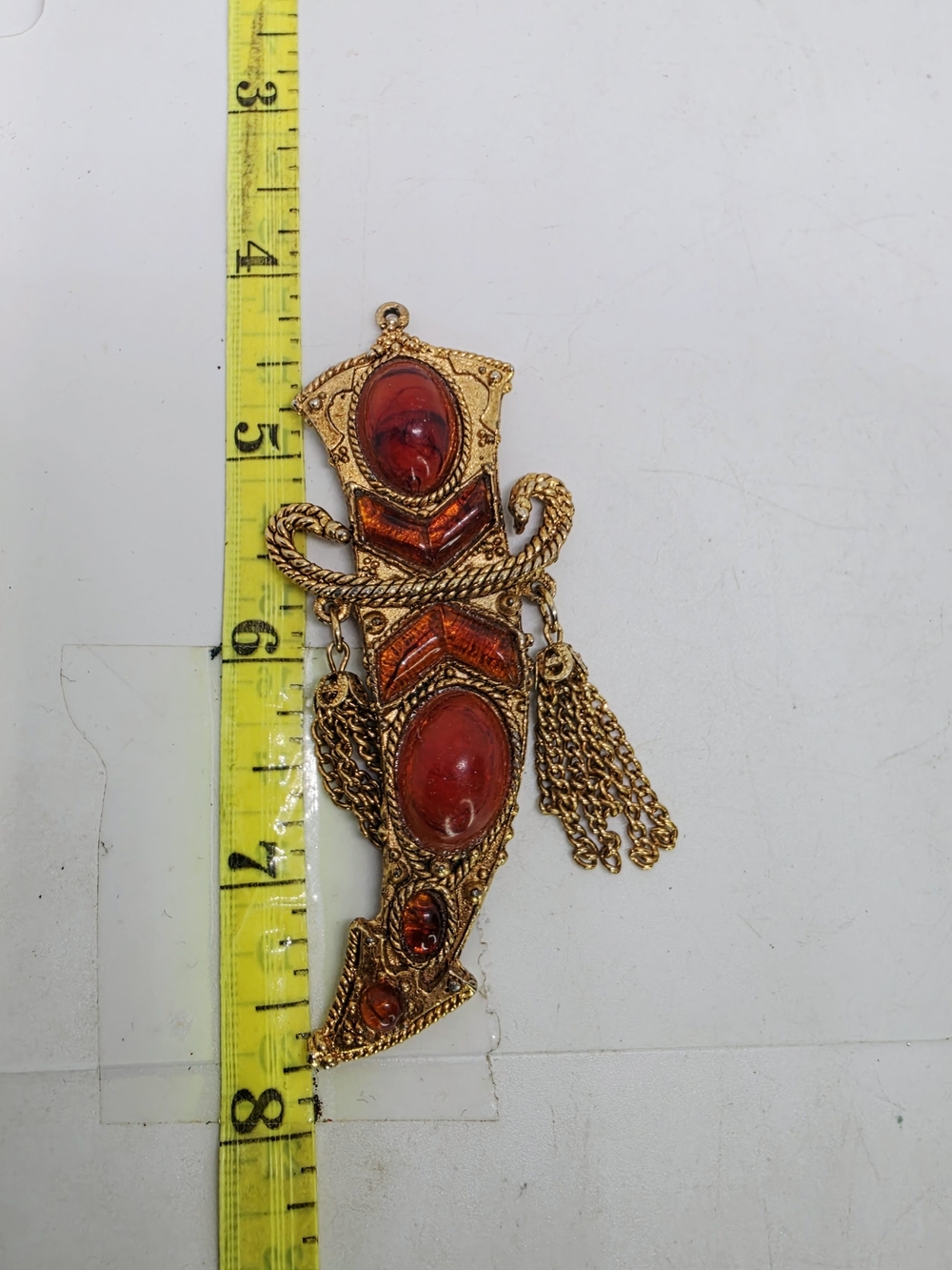 Vtg Scimitar Chunky Pendant Dagger For Necklace Faux Marbled Amber Goth Vamp
